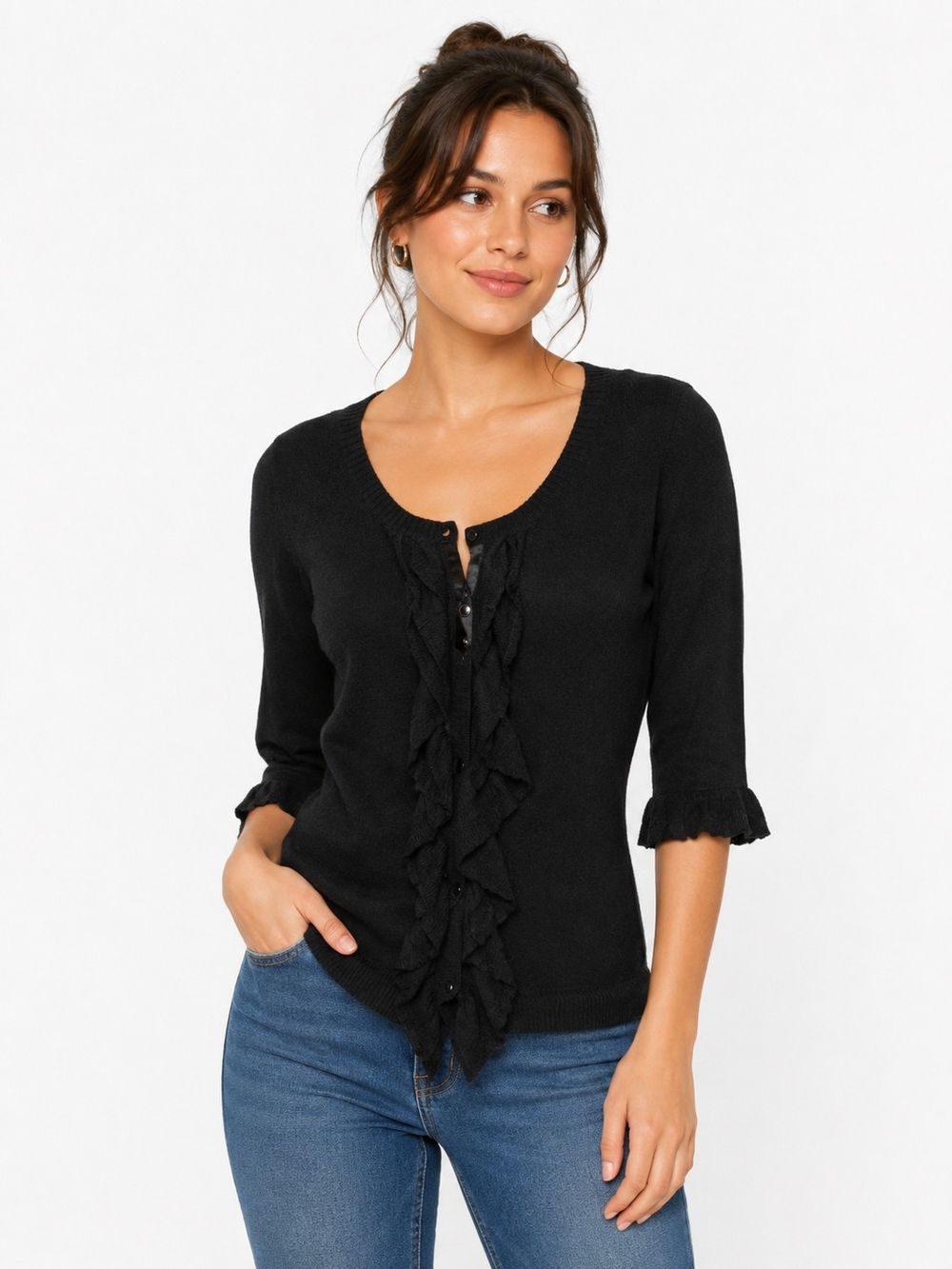 Express Black Ruffle-Front Knit Top
